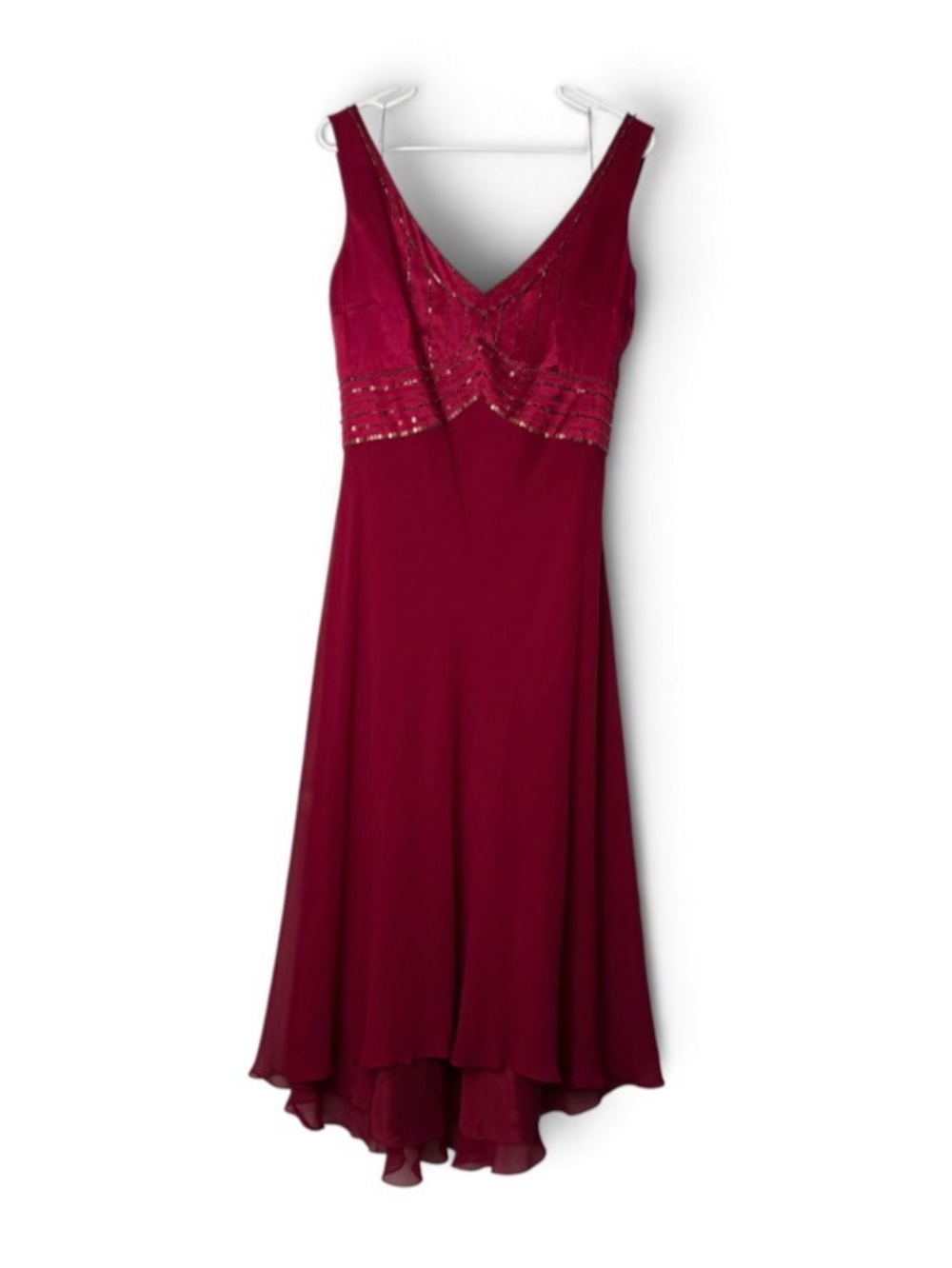 Maggy London Vintage Dress Womens 14 Midi Red Silk Beaded Glam Formal Sleeveless